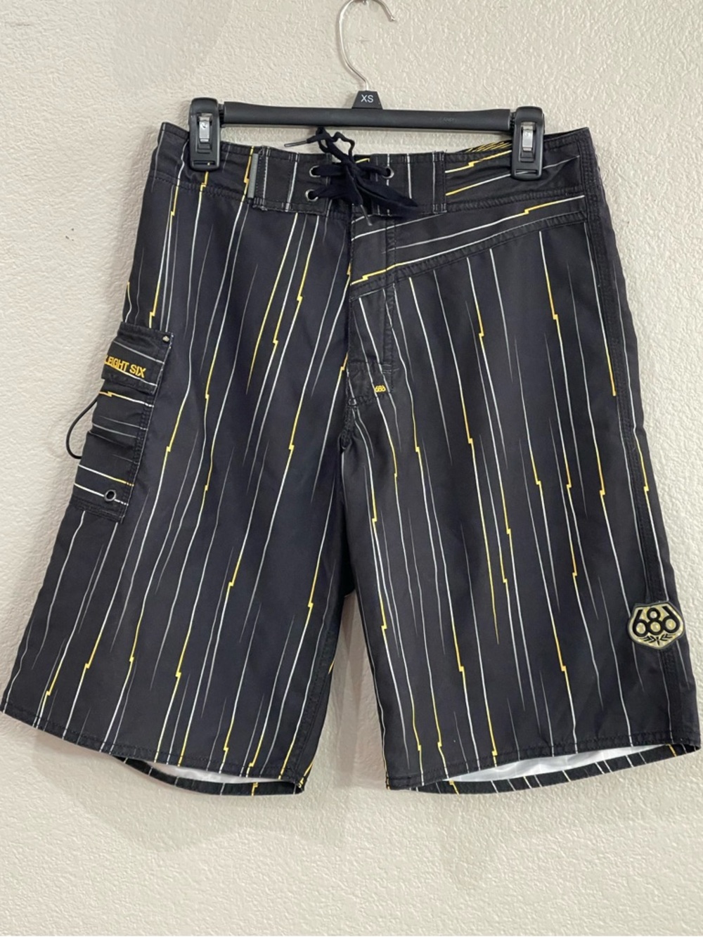 686 Black Boardshorts with Yellow & White Pinstripe Accents
